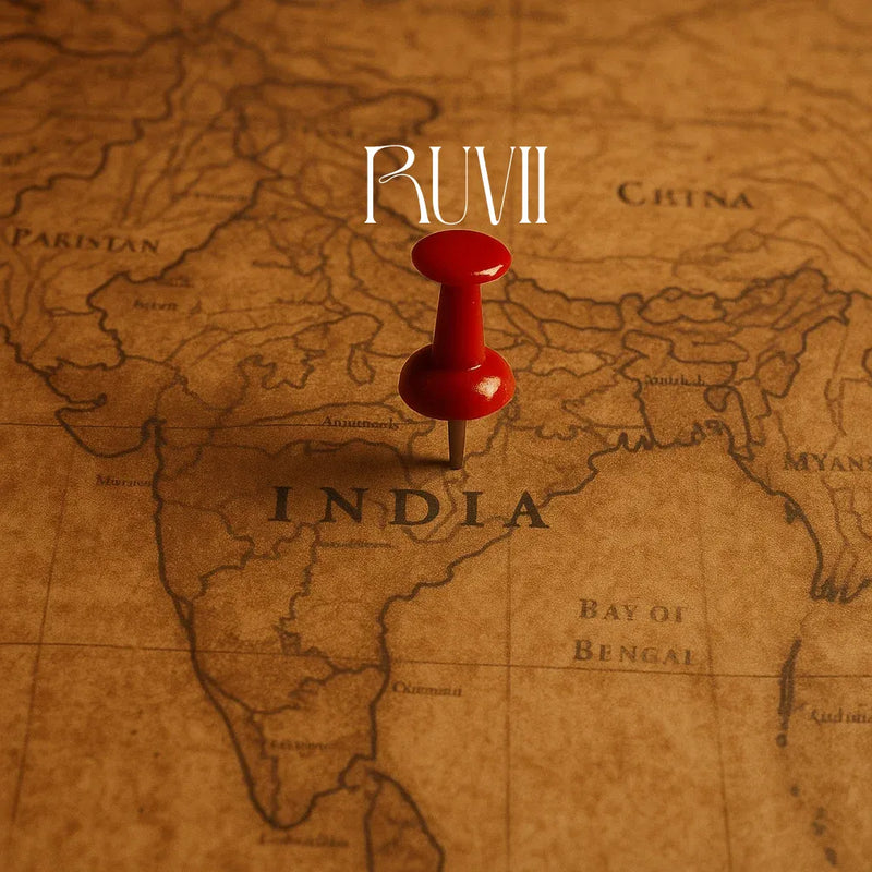 Map of India with a red pushpin and 'RUVII' text on an old-world map background
