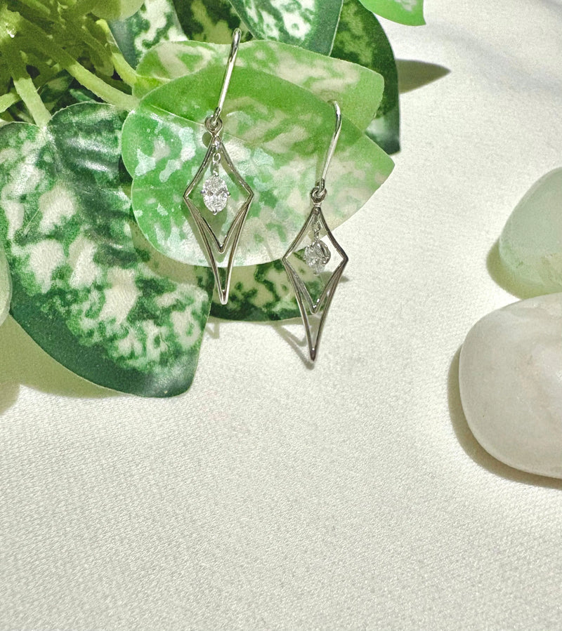 Silver earrings with clear stones on a light background with green leaves.