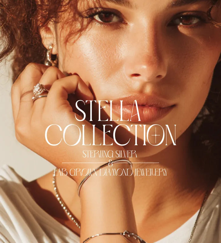 Woman wearing earrings and hand on face with ring in finger, text saying stella collection in white in center