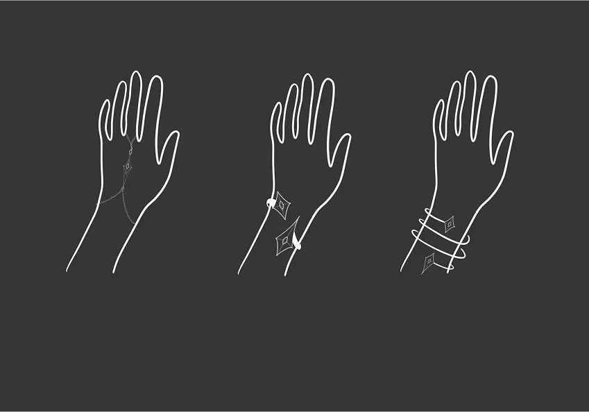 Illustrations of hands with different wrist accessories on a black background