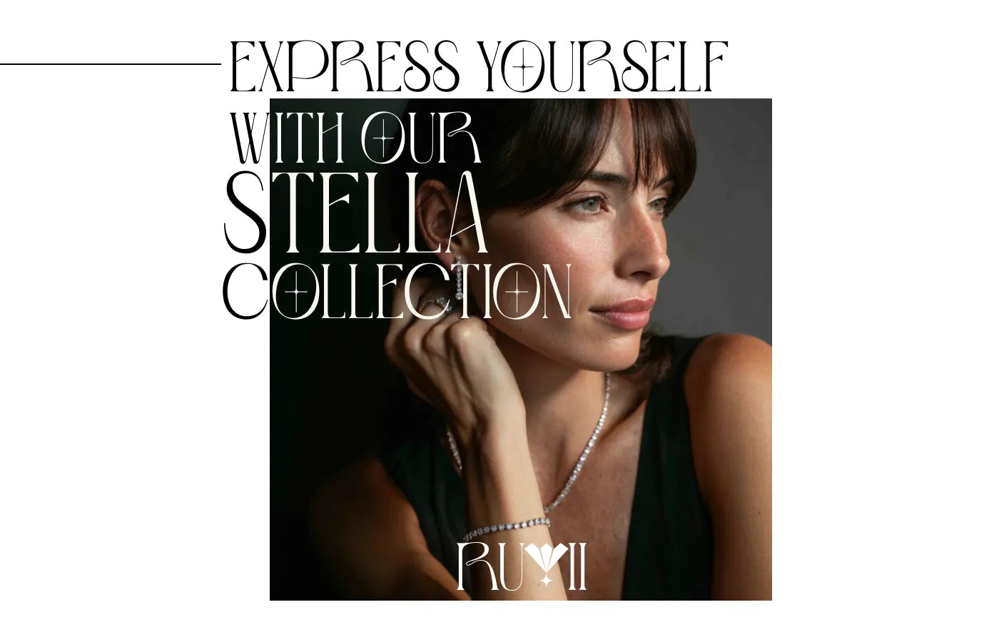 Advertisement for the Stella Collection by Rumi featuring a woman wearing jewelry.