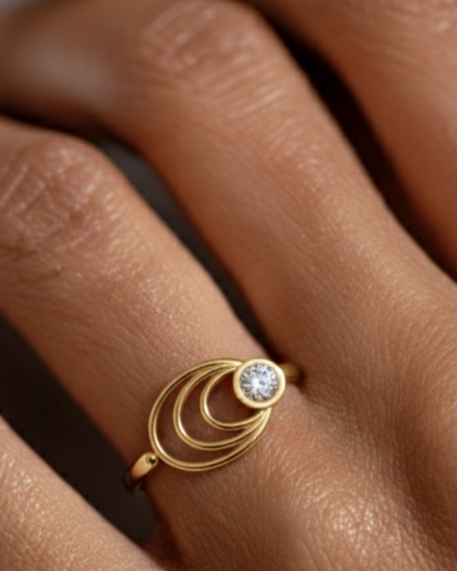 Gold ring with a diamond on a person's finger